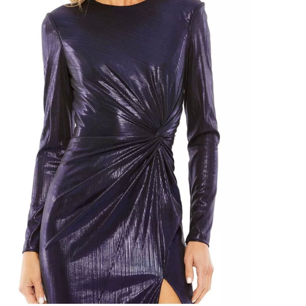 Ieena Mac Duggal NWT Long Sleeve Knot Slit Metallic Dress Purple Size4 MSRP $398